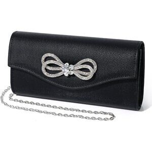 Women Black Shiny Crystal Bow Flap Clutch Wedding Party Handbag